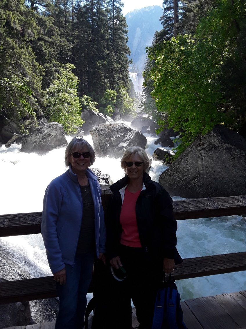 Charlene and Judy on the bridge over the torrent from Vernal Fall